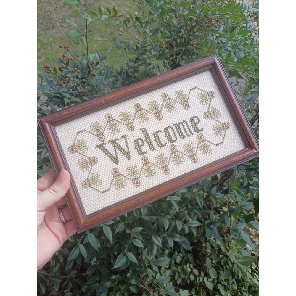 Framed Cross Stitch Welcome Wall Hang Botanical Embroidery 10x6 Granny Core